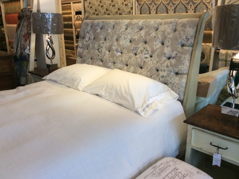 Pine Bed with Fabric Covered Headboard